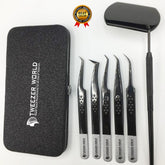 Black Coated Eyelash Extensions Tweezers Set with Eyelash Mirror and Magnet Box - TWEEZER WORLD